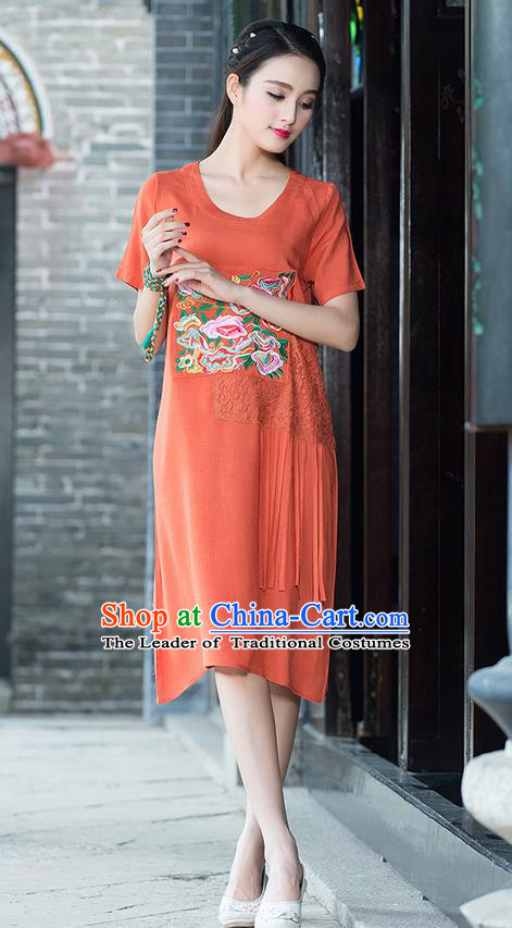 Traditional Ancient Chinese National Costume, Elegant Hanfu Mandarin Qipao Embroidered Lace Orange Dress, China Tang Suit Chirpaur Republic of China Cheongsam Elegant Dress Clothing for Women