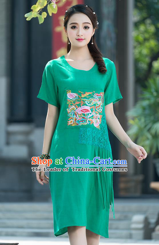 Traditional Ancient Chinese National Costume, Elegant Hanfu Mandarin Qipao Embroidered Lace Green Dress, China Tang Suit Chirpaur Republic of China Cheongsam Elegant Dress Clothing for Women