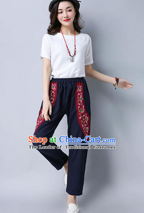 Traditional Chinese National Costume Plus Fours, Elegant Hanfu Joint Embroidered Navy Bloomers, China Ethnic Minorities Tang Suit Pantalettes for Women