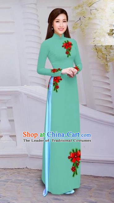 Top Grade Asian Vietnamese Traditional Dress, Vietnam Bride Ao Dai Hand Printing Flowers Dress, Vietnam Princess Light Green Dress Cheongsam Clothing for Women