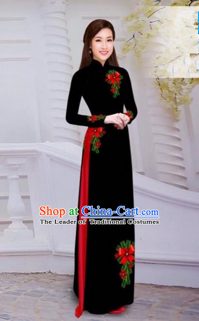 Top Grade Asian Vietnamese Traditional Dress, Vietnam Bride Ao Dai Hand Printing Flowers Dress, Vietnam Princess Black Dress Cheongsam Clothing for Women