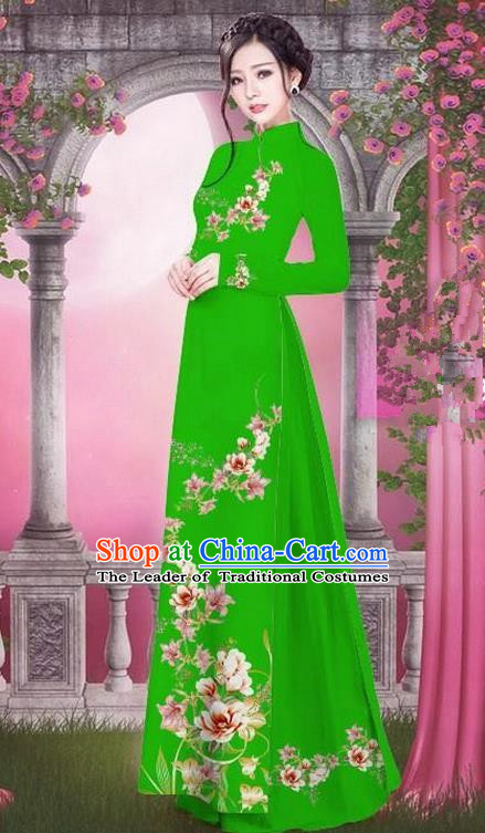 Top Grade Asian Vietnamese Traditional Dress, Vietnam Bride Ao Dai Printing Peach Blossom Flowers Dress, Vietnam Princess Green Dress Cheongsam Clothing for Women