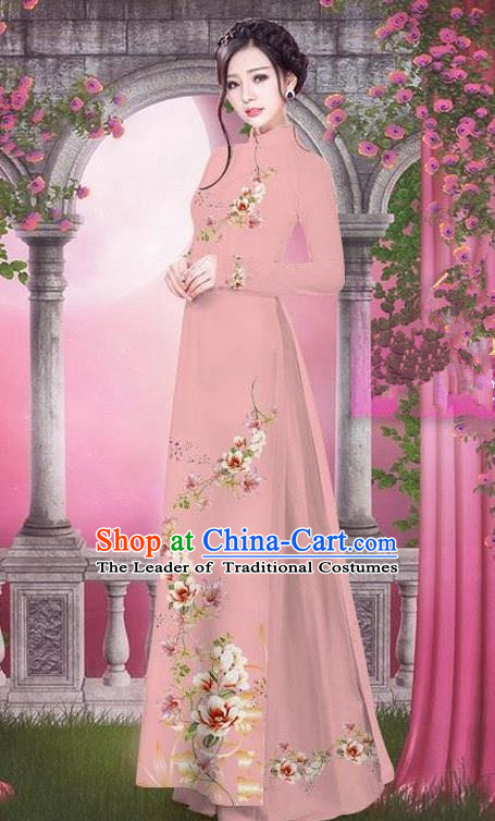 Top Grade Asian Vietnamese Traditional Dress, Vietnam Bride Ao Dai Printing Peach Blossom Flowers Dress, Vietnam Princess Fleshcolor Dress Cheongsam Clothing for Women