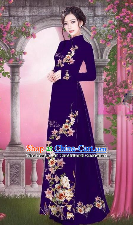 Top Grade Asian Vietnamese Traditional Dress, Vietnam Bride Ao Dai Printing Peach Blossom Flowers Dress, Vietnam Princess Purple Dress Cheongsam Clothing for Women