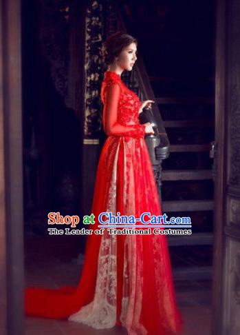 Top Grade Asian Vietnamese Traditional Dress, Vietnam Bride Ao Dai Dress, Vietnam Princess Wedding Lace Veil Dress Red Cheongsam Clothing for Women