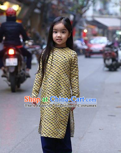 Top Grade Asian Vietnamese Traditional Dress, Vietnam National Children Ao Dai Dress, Vietnam Girls Golden Dress Cheongsam Clothing for Kids