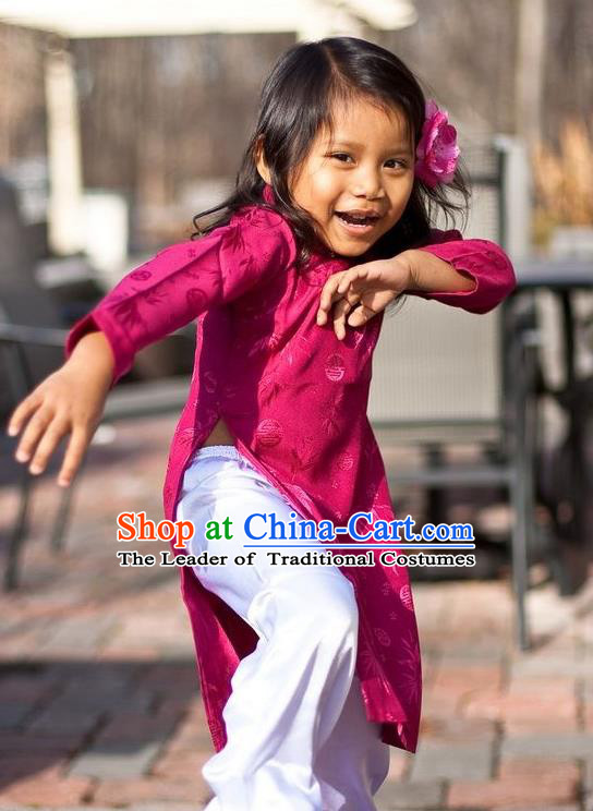Top Grade Asian Vietnamese Traditional Dress, Vietnam National Children Ao Dai Dress, Vietnam Girls Rose Dress Cheongsam Clothing for Kids