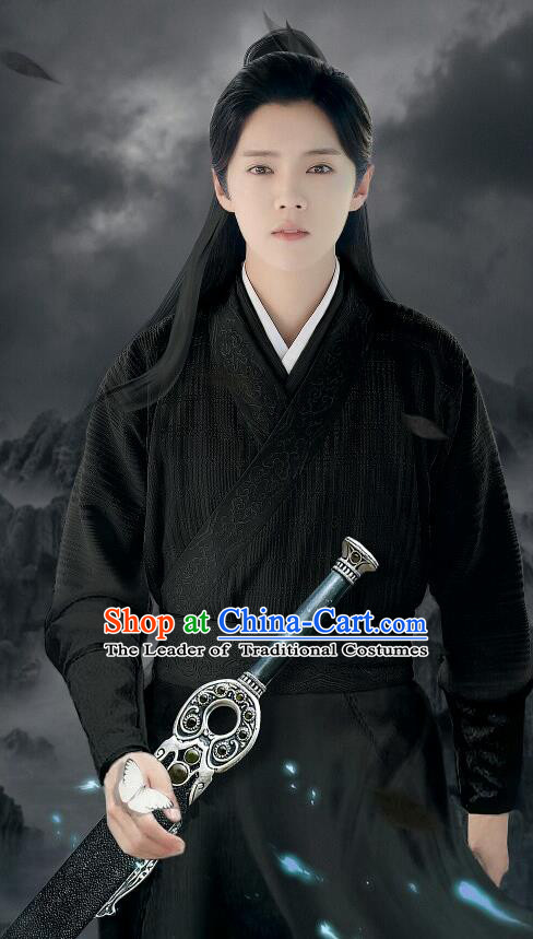 Chinese Ancient Tang Dynasty Swordsman Costume and Headpiece Complete Set, Fighter of the Destiny Traditional Chinese Ancient Kawaler Master Black Clothing for Men