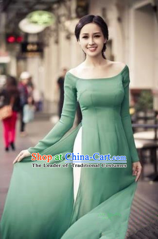 Top Grade Asian Vietnamese Traditional Dress, Vietnam National Dowager Ao Dai Dress, Vietnam Green Dress and Pants Complete Set Cheongsam Clothing for Woman
