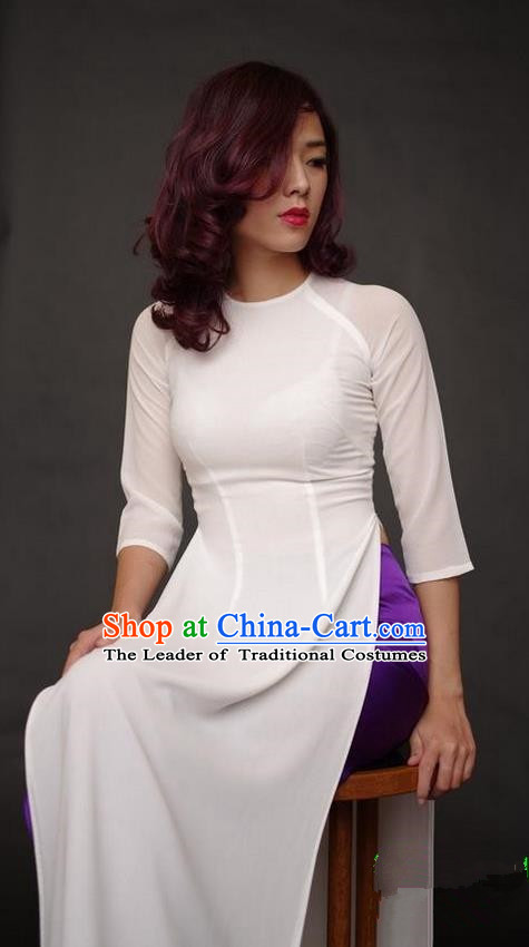 Top Grade Asian Vietnamese Traditional Dress, Vietnam National Dowager Ao Dai Dress, Vietnam White Dress and Satin Pants Complete Set Cheongsam Clothing for Woman