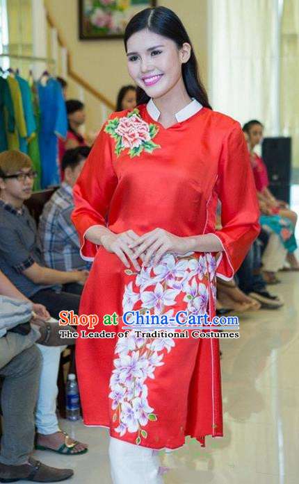 Top Grade Asian Vietnamese Traditional Dress, Vietnam National Young Lady Ao Dai Dress, Vietnam Bride Red Cheongsam Printing Blouse for Women