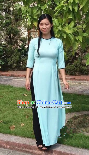 Top Grade Asian Vietnamese Traditional Dress, Vietnam National Young Lady Ao Dai Dress, Vietnam Bride Blue Cheongsam and Pants Complete Set for Women