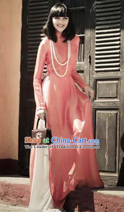 Top Grade Asian Vietnamese Traditional Dress, Vietnam National Young Lady Ao Dai Dress, Vietnam Lady Pink Cheongsam and Pants Complete Set for Women