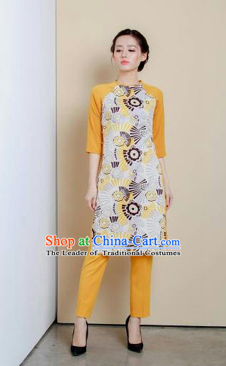 Top Grade Asian Vietnamese Traditional Dress, Vietnam National Young Lady Ao Dai Dress, Vietnam Princess Printing Cheongsam Dress and Pants for Women