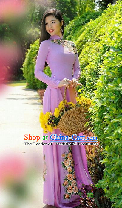 Top Grade Asian Vietnamese Traditional Dress, Vietnam National Dowager Ao Dai Dress, Vietnam Pink Dress Printing Daisy Cheongsam Clothing for Woman