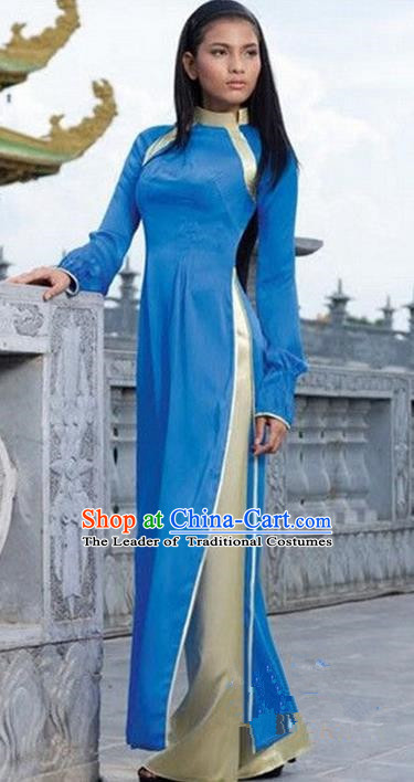 Top Grade Asian Vietnamese Traditional Dress, Vietnam National Princess Ao Dai Dress, Vietnam Blue Ao Dai Cheongsam Dress Clothing for Woman