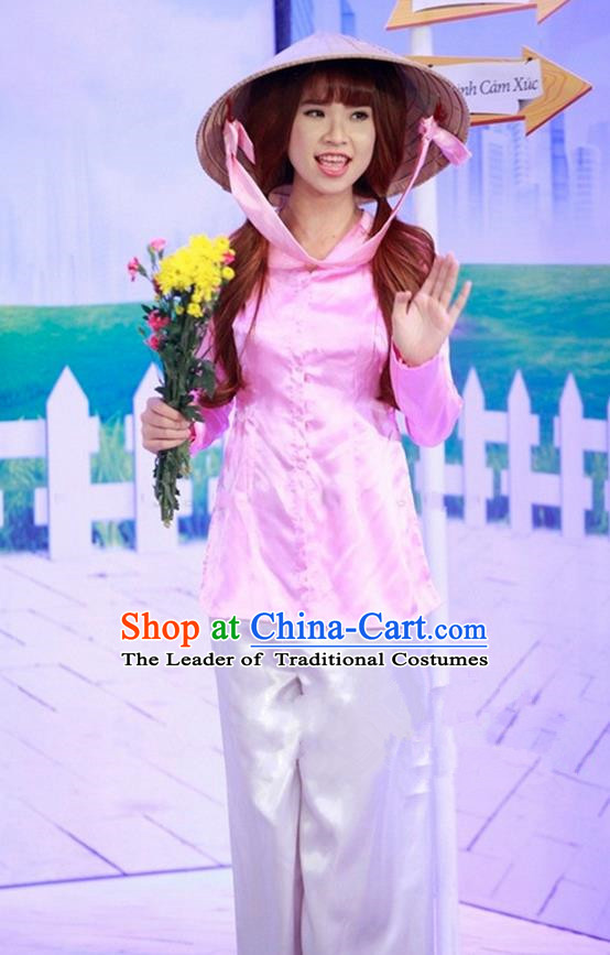 Top Grade Asian Vietnamese Traditional Dress, Vietnam National Farmwife Ao Dai Dress, Vietnam Pink Ao Dai Blouse and Pants for Woman