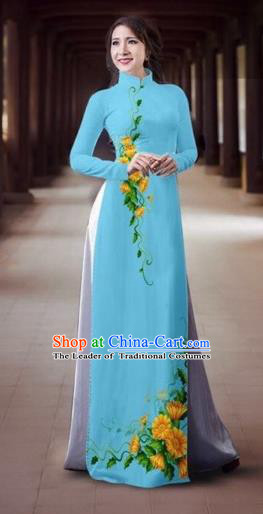Traditional Top Grade Asian Vietnamese Dress, Vietnam National Female Ao Dai Dress Women Blue Printing Cheongsam Clothing