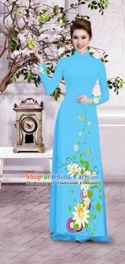 Traditional Top Grade Asian Vietnamese Dress, Vietnam National Female Ao Dai Dress Women Blue Printing Flowers Suit Cheongsam Clothing