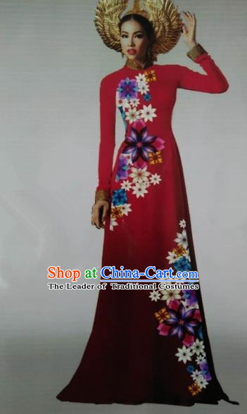 Traditional Top Grade Asian Vietnamese Dress, Vietnam National Female Ao Dai Dress Women Red Embroidered Ao Dai Cheongsam Clothing