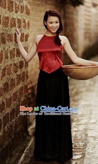 Traditional Top Grade Asian Vietnamese Costumes, Vietnam National Female Handmade Ao Dai Red Bellyband for Women