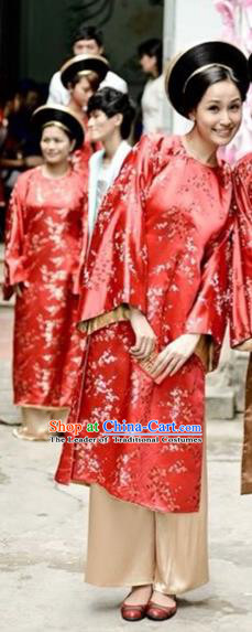 Traditional Top Grade Asian Vietnamese Costumes, Vietnam National Female Handmade Ao Dai Dress Cheongsam Satin Red Clothing for Women
