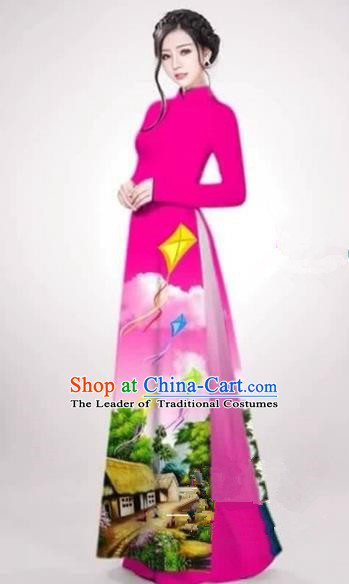 Traditional Top Grade Asian Vietnamese Costumes Dance Dress, Vietnam National Female Handmade Printing Rose Ao Dai Dress Cheongsam Clothing for Women