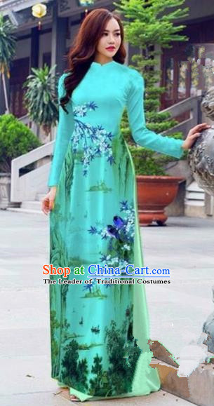 Traditional Top Grade Asian Vietnamese Costumes Dance Dress, Vietnam National Female Handmade Chiffon Printing Flowers Blue Ao Dai Dress Cheongsam Clothing for Women