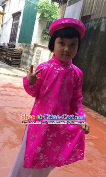 Traditional Top Grade Asian Vietnamese Costumes Dance Dress, Vietnam National Children Handmade Printing Pink Ao Dai Dress Cheongsam Clothing for Kids