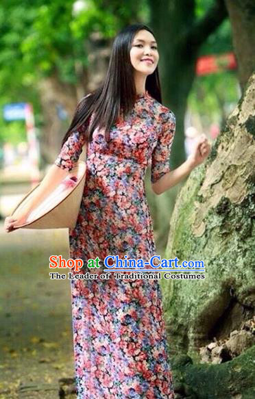 Traditional Top Grade Asian Vietnamese Costumes Dance Dress, Vietnam National Female Handmade Printing Shivering Ao Dai Dress Cheongsam Clothing for Women