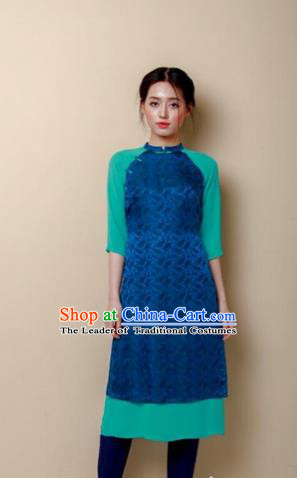 Traditional Top Grade Asian Vietnamese Costumes Dance Dress, Vietnam National Women Ao Dai Dress Peacock Blue Cheongsam Clothing