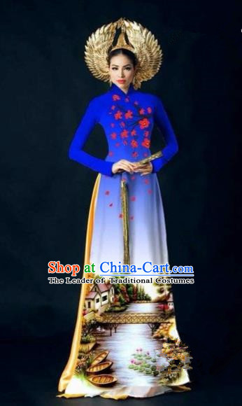 Traditional Top Grade Asian Vietnamese Costumes Dance Dress, Vietnam National Women Ao Dai Dress Printing Plum Blossom Royalblue Cheongsam Clothing