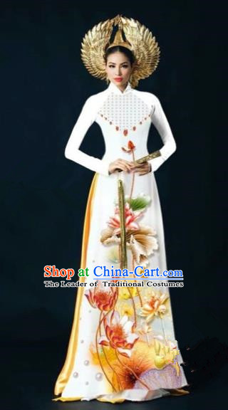 Traditional Top Grade Asian Vietnamese Costumes Dance Dress, Vietnam National Women Ao Dai Dress Ink Painting Lotus White Cheongsam Clothing