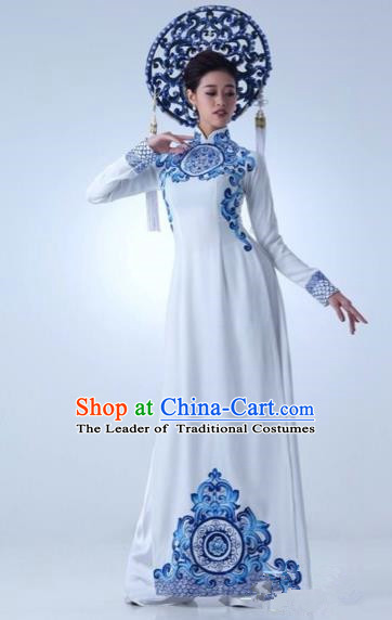 Traditional Top Grade Asian Vietnamese Costumes Dance Dress, Vietnam National Female Handmade Queen Blue and white porcelain Ao Dai Dress Cheongsam Clothing for Women