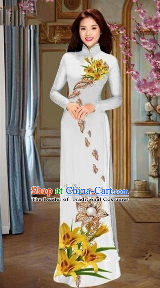 Traditional Top Grade Asian Vietnamese Costumes Dance Dress and Pants, Vietnam National Female Handmade Printing Yellow Flowers Ao Dai Dress Cheongsam Clothing for Women