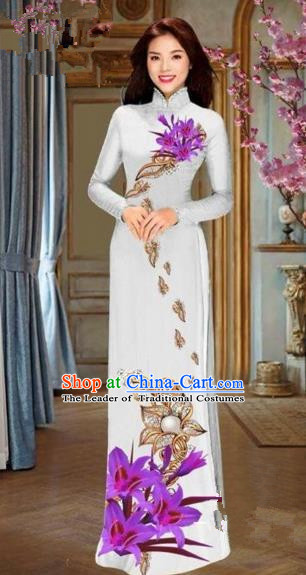 Traditional Top Grade Asian Vietnamese Costumes Dance Dress and Pants, Vietnam National Female Handmade Printing Purple Flowers Ao Dai Dress Cheongsam Clothing for Women