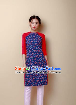 Traditional Top Grade Asian Vietnamese Costumes Dance Dress, Vietnam National Female Handmade Navy Ao Dai Dress Cheongsam Clothing for Women