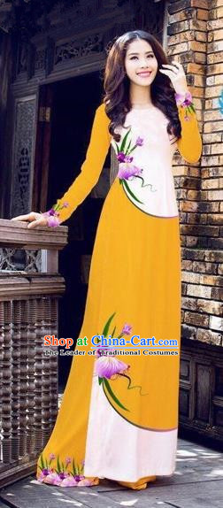 Traditional Top Grade Asian Vietnamese Costumes Handmade Dance Dress, Vietnam National Female Printing Flowers Orange Ao Dai Dress Cheongsam Clothing for Women
