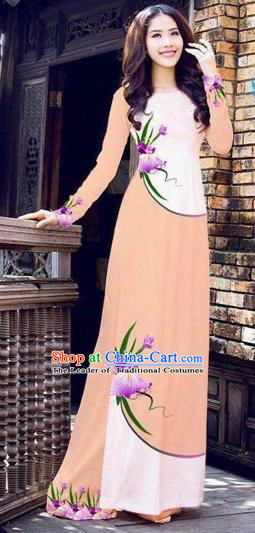 Traditional Top Grade Asian Vietnamese Costumes Handmade Dance Dress, Vietnam National Female Printing Flowers Ao Dai Dress Cheongsam Clothing for Women