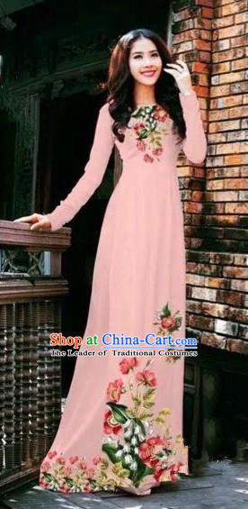 Traditional Top Grade Asian Vietnamese Costumes Dance Dress, Vietnam National Female Printing Flowers Pink Ao Dai Dress Stand Collar Cheongsam Clothing for Women