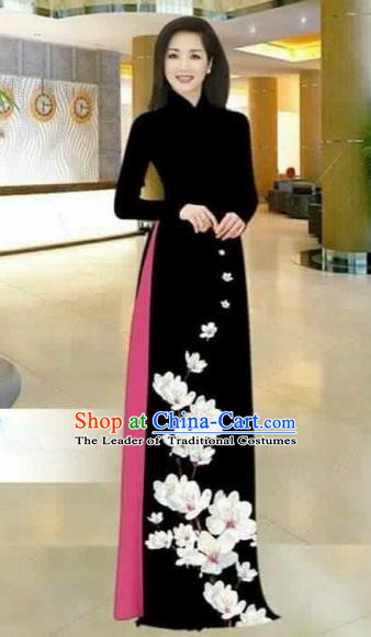 Vietnam Traditional Court Costume Printing Flowers Black Ao Dai Dress Asian  Vietnamese Cheongsam for Women