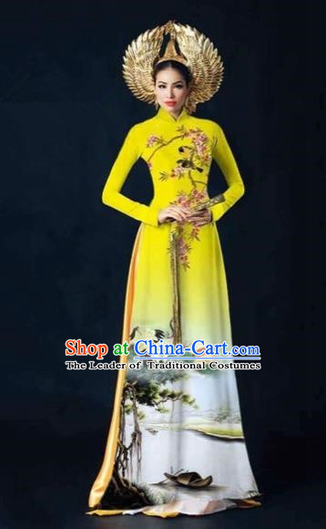 Traditional Top Grade Asian Vietnamese Costumes Dance Dress and Pants, Vietnam National Female Printing Crane Yellow Ao Dai Dress Cheongsam Clothing Complete Set for Women