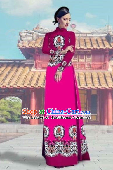 Traditional Top Grade Asian Vietnamese Costumes Dance Dress and Pants, Vietnam National Female Printing Rose Ao Dai Dress Cheongsam Clothing Complete Set for Women