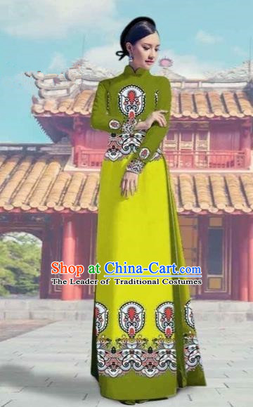 Traditional Top Grade Asian Vietnamese Costumes Dance Dress and Pants, Vietnam National Female Printing Green Ao Dai Dress Cheongsam Clothing Complete Set for Women