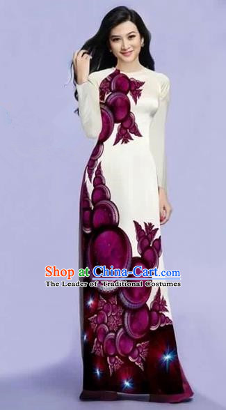 Traditional Top Grade Asian Vietnamese Costumes Dance Dress, Vietnam National Female Purple Printing Ao Dai Dress Cheongsam Clothing for Women