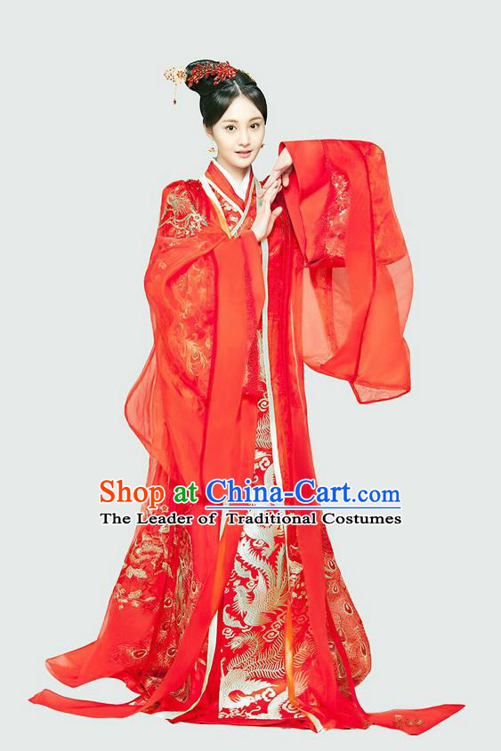 Traditional Chinese Ancient Tang Dynasty Bride Costumes and Handmade Headpiece Complete Set, China Ancient Peri Princess Wedding Dress Clothing for Women