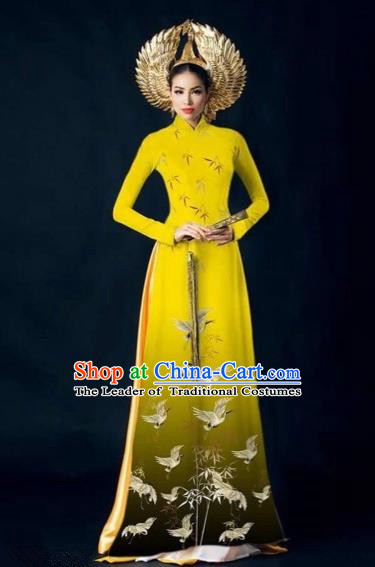 Traditional Top Grade Asian Vietnamese Costumes Dance Dress, Vietnam National Women Ao Dai Dress Printing Yellow Cheongsam Clothing