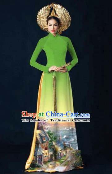 Traditional Top Grade Asian Vietnamese Costumes Dance Dress, Vietnam National Women Ao Dai Dress Printing View Green Cheongsam Clothing