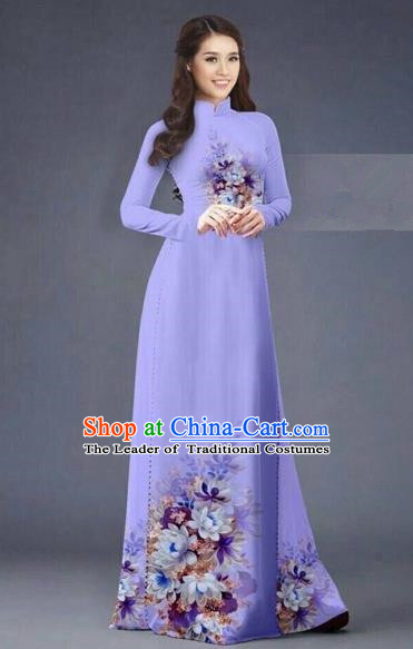 Traditional Top Grade Asian Vietnamese Costumes Dance Dress, Vietnam National Women Ao Dai Dress Printing Flowers Long Light Purple Cheongsam Clothing