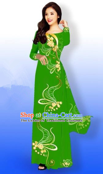Traditional Top Grade Asian Vietnamese Costumes Dance Dress and Loose Pants, Vietnam National Women Ao Dai Dress Printing Long Green Cheongsam Clothing Complete Set